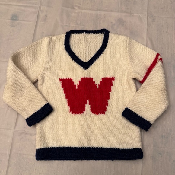 Vintage Toddler Varsity Sweater Handmade Knit, Cream with Red “W,” Navy Trim - Picture 2 of 8